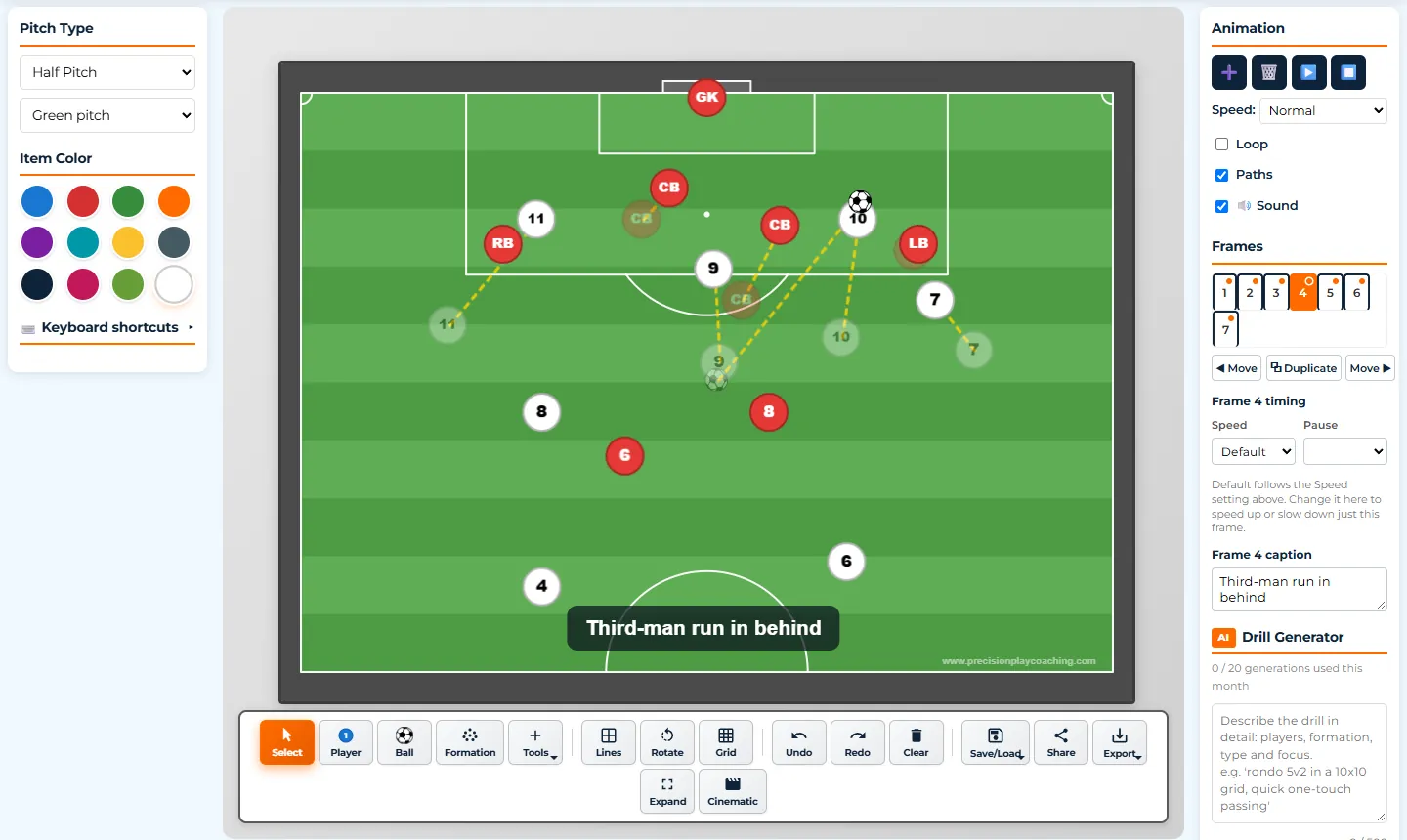 The Tactical Board editor: an animated attacking move on a half pitch, with motion paths, frames and a coaching point for the current frame
